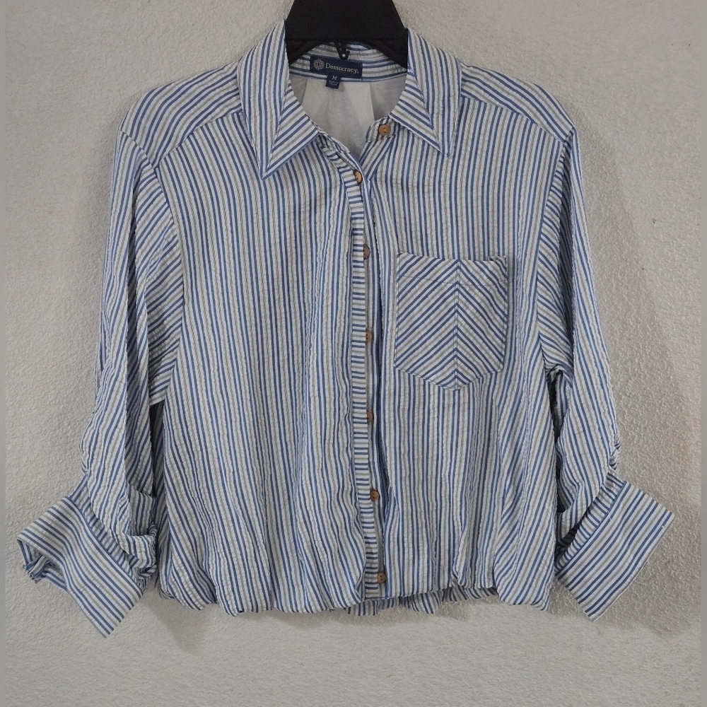 Democracy Blue and White Striped Button-Down Shirt - Picture 2 of 9